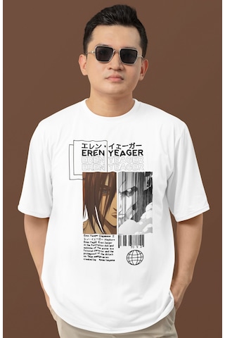 Tasarım Eren Yeager Attack On Titan Baskılı Unisex Oversize Anime Beyaz