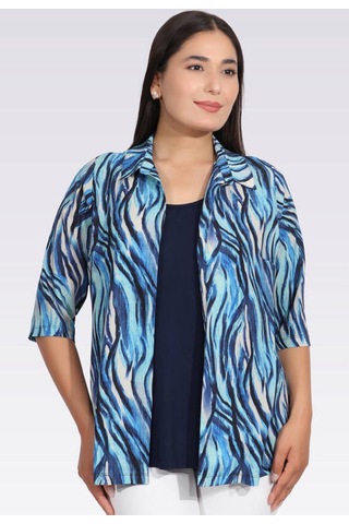 Tolga Saraçoğlu Kadın Bluz - Minimalist Zebra Desenli 3/4 Kol Oversize Lacivert