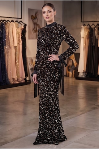 Dorne Moda Payetli Kemer Detaylı Uzun Kollu Balık Model Abiye Elbise Gümüş Gümüş