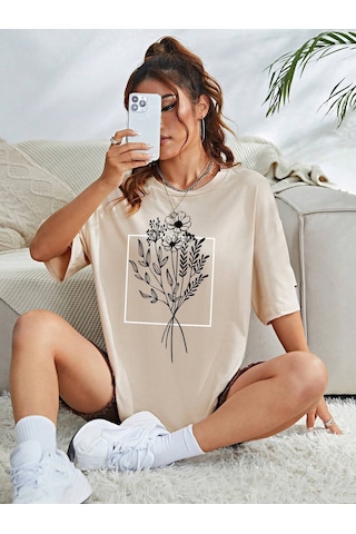 Çiçekli Desenler T-shirt - Bej Baskılı Oversize Bisiklet Yaka Kısa Kol Tişört Bej