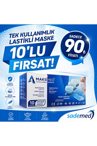 3 Katmanlı Tek Kullanımlık Lastikli Maske 10 Paket