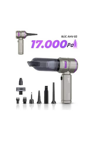 Blic Ahv-02 2 İn 1 Araç İçi Mini Süpürge & Hava Üfleme Makinesi 17.000 Pa Çekim Gücü Fırçasız Motor Gri -mor