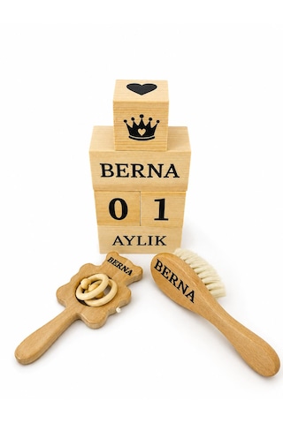 Kişiye Özel İsimli - Bebek Çıngırak - Bebek Saç Fırçası Keçi Kılı Yumuşacık - Bebek Anı Küpü Tekstil Boyalı-%100 Doğal Organik Ahşap Set - Hediyelik - Yeni Doğan Hediyesi