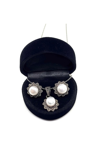 Oya Silver Markazit Işıltılı İnci Açan Gümüş Çiçek Set & Takım