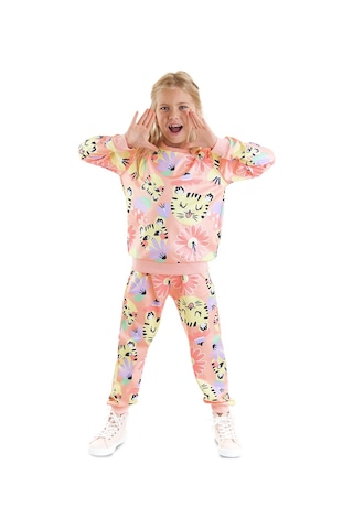 Denokids Çiçekli Kedi Kız Çocuk Eşofman Takım Çok Renkli