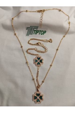 Tiptop/ Yeşil Mineli Yonca Model Gold Renk Kolye Ve Şahmeran Set Gold