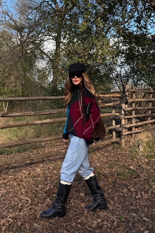 Mavi - Bordo Baklavalı Kazak - 7183 Mavi - Bordo