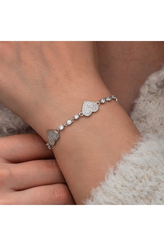 Artsmagazinmücevher Gümüş Zirkon Taşlı Sıralı Kalp Kadın Bileklik