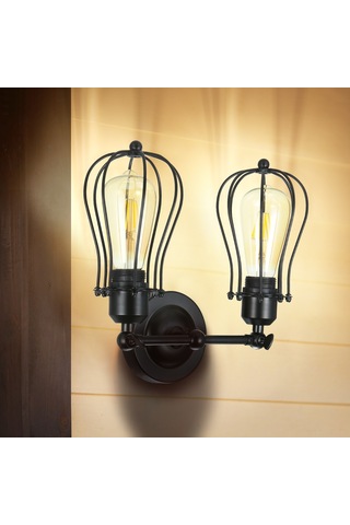 Leezsing Retro Çift Başlı Duvar Lambası - 60w E27 Soketli, Siyah 8'li Paket Siyah