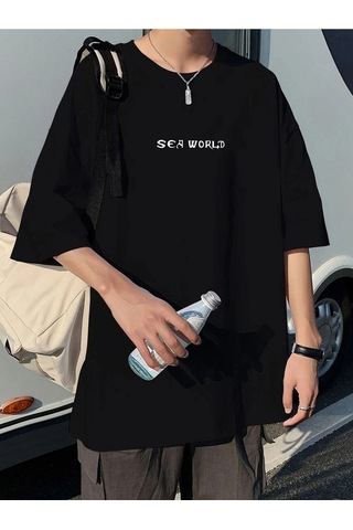 Kadın Siyah Oversize %100 Pamuk Sea World Baskılı T-shirt Siyah
