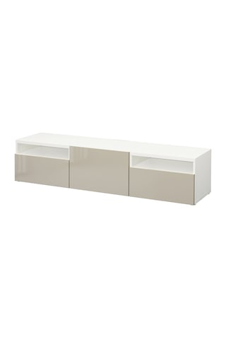 Tv Sehpası, Beyaz-parlak Cila-bej, 180x42x39 Cm, Selsvıken, Çıt Çıt Raylı Beyaz