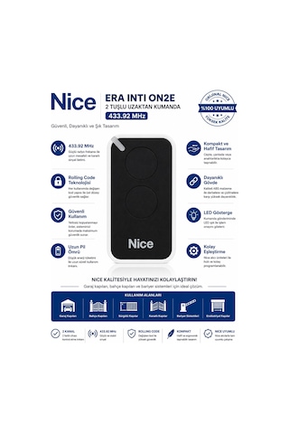 Nice Era Inti On2e 2 Tuşlu Garaj Kapısı Ve Otomatik Kapı Kumandası 433.92 Mhz Siyah Nice Era Inti On2e 2 Tuşlu Garaj Kapısı Kumandası