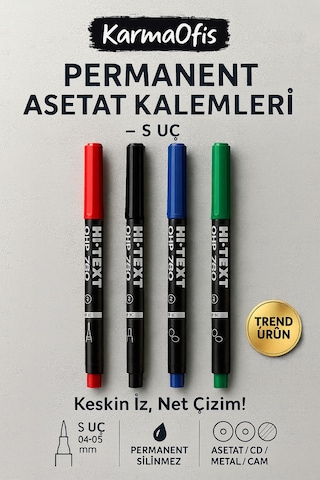 Permanent Asetat Kalemi 4 Renk S Uç Cam, Cd, Metal, Plastik Yazı Kalemi Çok Renkli