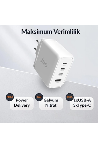 Juo 100W 4 Portlu USB-C + USB-A GaN Şarj Aleti iPhone & Macbook & Notebook Uyumlu PD Type-C Hızlı Şarj Cihazı Beyaz