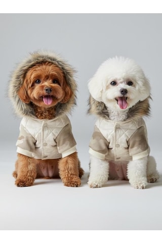 Creamy Camo Kamuflaj Desenli Krem Rengi Köpek Montu Kışlık Ceket