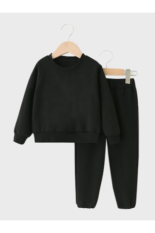 Fyk Kids 2'li Düz Yuvarlak Yaka Unisex Eşofman Takımı Siyah - Gri