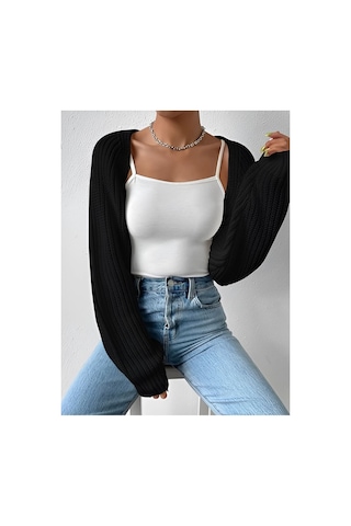 Moibody Triko Örgü Reglan Kol Bolero Hırka Kore Tarzı 4 Mevsim Siyah Siyah