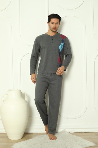 Wordex Falkom 5010 İnterlok Kalın Kışlık Desenli Erkek Ev Pijama Takımı Füme