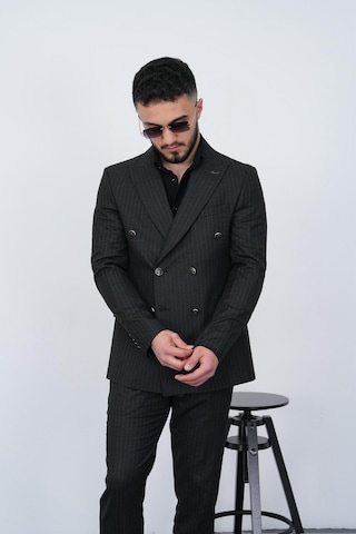 Dupont Classics Dupont Slim Fit Sivri Yaka 6 Drop Çift Yırtmaç Çizgili Viskon Kruvaze Erkek Takım Elbise Siyah