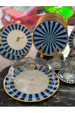 34 Parça Iwon Blue Yaldızlı 6 Kişilik Pasta Çay Servis İkram Takımı-4908 Lacivert