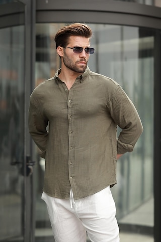Madmext Haki Basic %100 Pamuklu Uzun Kollu Erkek Gömlek E6761 Haki