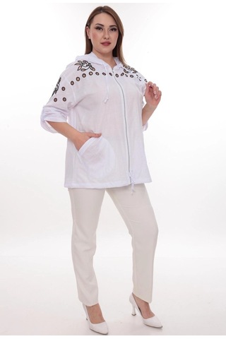 Lady Majestic Büyük Beden %100 Cotton Kapüşonlu Hırka Rahat Ve Şık Tasarım - 44462 Beyaz