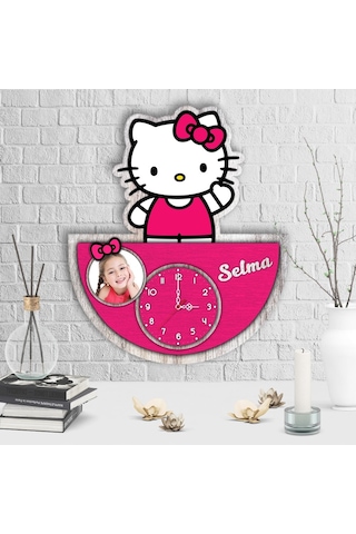 Kişiye Özel Hello Kitty Tasarımlı Dekoratif Ahşap Duvar Saati Çok Renkli