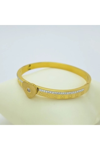 Yıldız Motifli Taşlı Kalp Çelik Kelepçe Gold