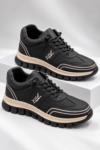 In Step Perra Erkek Siyah Deri Sneaker - Bej Kalın Tabanlı Günlük Spor Ayakkabı