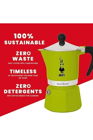 - Rainbow: 3 Cups Ocak Üstü Espresso Pişirici - 130ml - Yeşil Renk - Alüminyum Gövde - Patentli Güvenlik Valfi - Tüm Ocak Türleri İçin Uygundur İndüksiyon Hariç