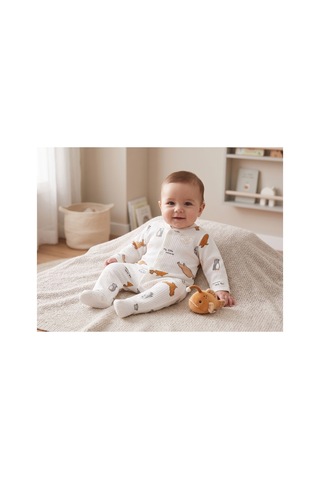 Deniva Kids Erkek Bebek Kaşkorse Fitilli Kutup Hayvanları Baskılı Çıtçıtlı Pamuklu Tulum - Beyaz 3-6 Ay
