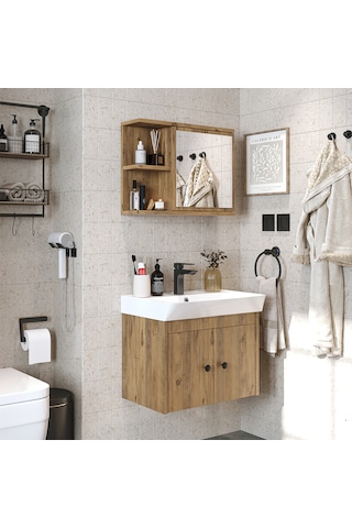 Lavabolu Mat Suntalam 60 Cm Banyo Dolabı + Aynalı Üst Dolabı Atlantik Çam