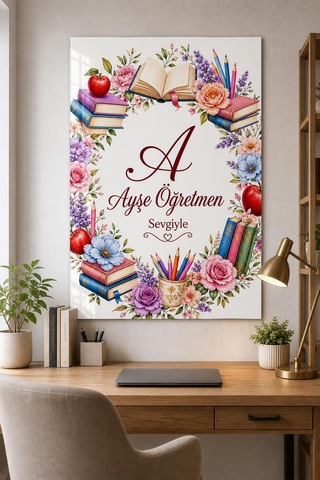 Ayşe Öğretmen Çiçekli Baskılı Cam Tablo Uv Baskı Kişiye Özel Öğretmen Hediyesi