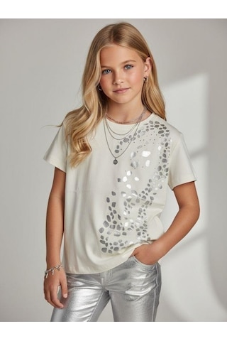 Zekids Kız Çocuk Taş Baskı Detaylı Basic T-shirt-16980 Ekru