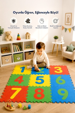 9 Parça Büyük Boy Eva Sayılı Puzzle Oyun Matı Rakamlı Çocuk Yer Matı Renkli Zemin Karosu