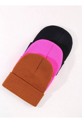 Eke Tekstil Unisex Katlamalı 3'lü Bere Seti Fuşya - Kiremit - Siyah