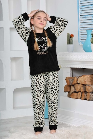 Kız Çocuk Leopar Desenli Göz Bantlı Peluş Polar Pijama Takımı Siyah