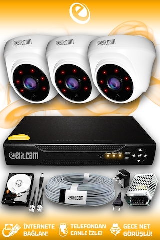 Elitcam 3 Kameralı Dome 3 İç Kamera Set 500 GB HDD Full HD Gece Görüşlü Güvenlik Kamerası Sistemi