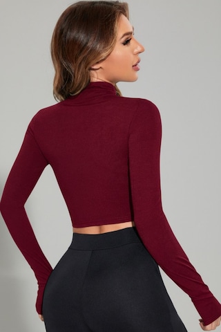 Beru Kadın Bordo Uzun Kol Fermuarlı Parmak Geçme Detaylı Dik Yaka Crop Top Bluz L - XL