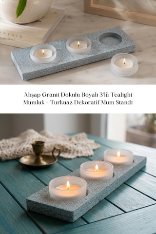 Ahşap Granit Dokulu Boyalı 3 Lü Tealight Mumluk Turkuaz