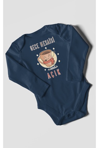 Gece Mesaisi Açık Baskılı Bebek Zıbını Çıtçıtlı Body %100 Pamuk Uzun Kol Lacivert