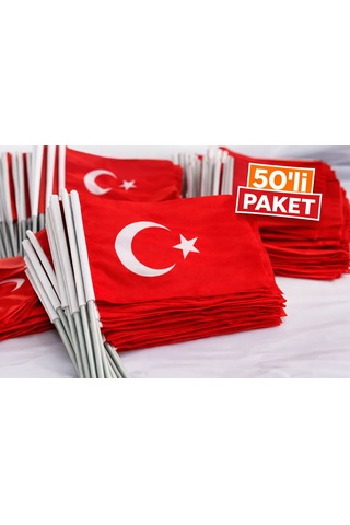 Plastik Sopalı Alpaka Bez Türk Bayrağı 30x45 Cm 50 Adet 23 Nisan Ve Organizasyon Bayrağı Tek Ebat