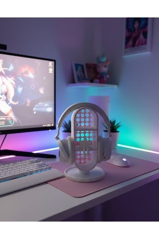 Elana Design Raflı Gamer Kulaklık Standı & Masa Üstü Organizer 1 Adet Mini Figür li - Beyaz
