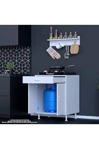 Modilayn Birce L Set Ocak Altı Dolabı 65x88x56 Cm Tüp Bölmeli Ve Üst Baharat Raflı Beyaz