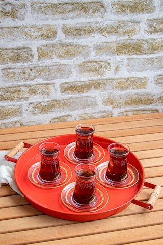 Kitchen Trend 3 Lü 45beyaz, 37kırmızı, 30beyaz Ahşap Kulplu Metal Tepsi Sunum Tepsi Seti