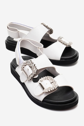 Luvishoes Luvi Shoes Olımpa Beyaz Taşlı Cırtlı Kadın Düz Sandalet Beyaz