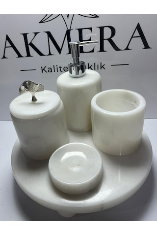Mermer Top Ayaklı Standlı 5 Parça Lüks Banyo Seti Beyaz - Gri