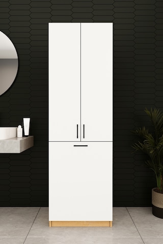Modern Çamaşır Sepetli Çok Amaçlı Banyo Dolabı %100 Mdf Banyo Düzenleyici Dolap Bd06 Beyaz - Karına