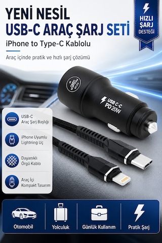 Yeni Nesil Usb-c Araç Şarj Seti İphone To Type-c Kablolu Pd18w Hızlı Şarj Destekli Araç İçi Şarj Cihazı Yeni Nesil Usb-c Araç Şarj Seti İphone To Type-c Kablolu Pd18w Hızlı Şarj Destekli Araç İçi Şarj Cihazı