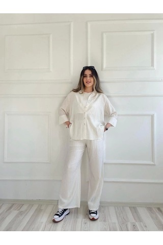Kadın Krinkıl Kumaş Pantolon Ekru